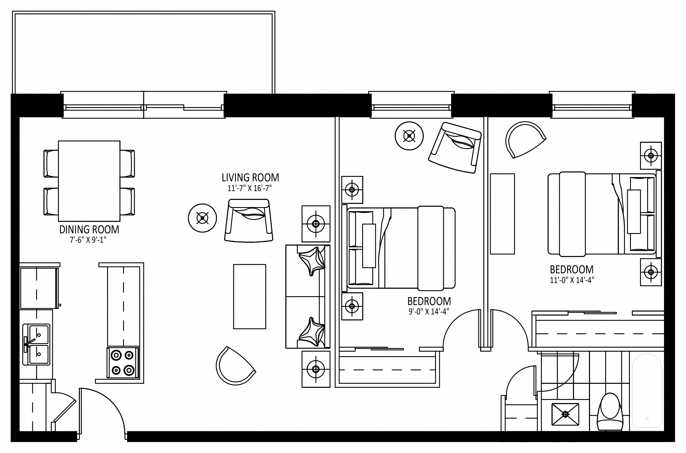 Floor plan for 2 beds, 1 bath, 890 sqft